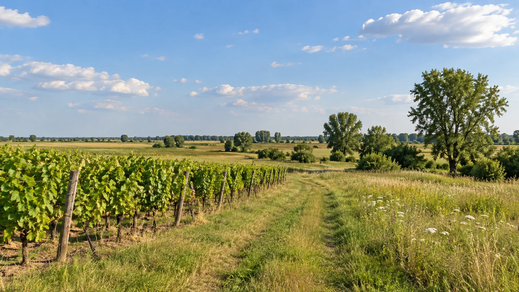 Sonnige Landschaft mit Weinreben und Wiesen nach dem Vorbild von Bács-Kiskun